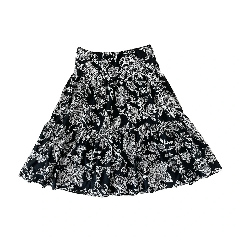 Vtg Y2K Ralph Lauren Tiered‎ Layered Maxi Skirt M Black White Floral Cotton Boho